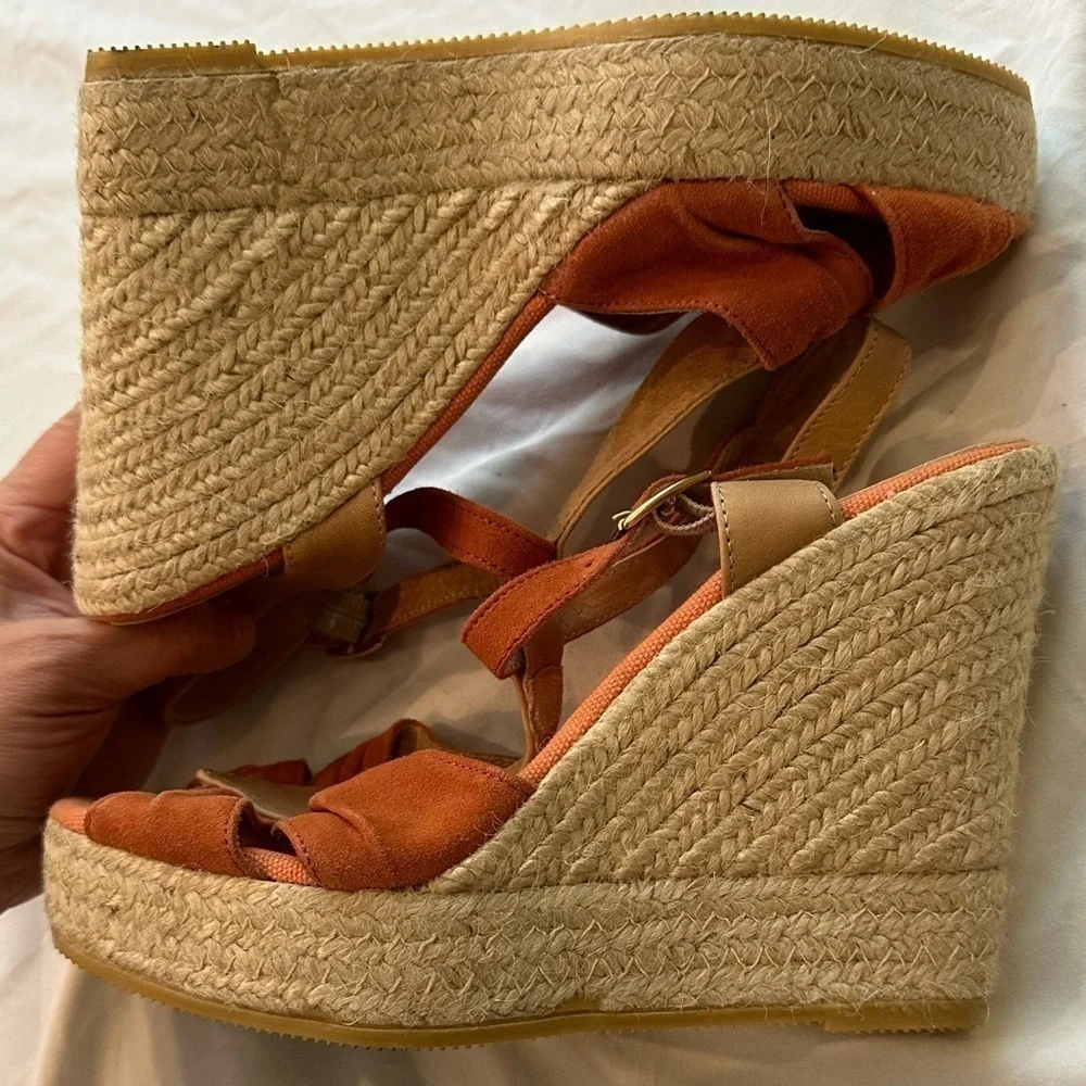 Kanna Anthropologie Suede Leather Orange Espadrille Platform Wedge Sandal 9